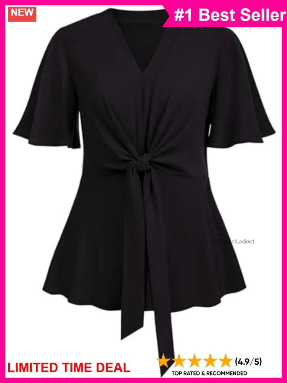 Plus Size Peplum Blouse V Neck Tie Front Bell Sleeve Flowy Top